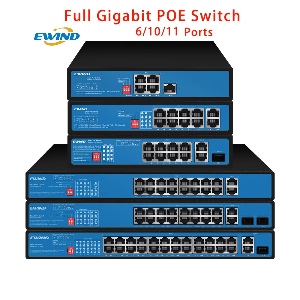 Poe switch ethernet rede, hub desbloqueado, 6, 10, 11 portas, 1000mbps, sfp, rj45, 802,3 af, para a câmera ip