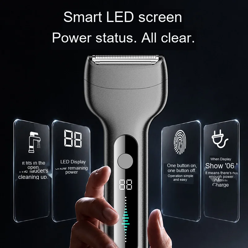 BG-TX801 Zinc Alloy Foil Electric Shaver for Men, Portable Rechargeable Razor with LED Battery Display, IPX6 Washable Design