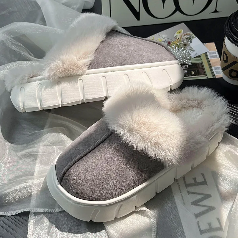 2024New Women Indoor Fluffy Slippers Thick Sole Winter Warm Shoes For Couples Soft Fur Keep Warm Female Male House Floor Slipper