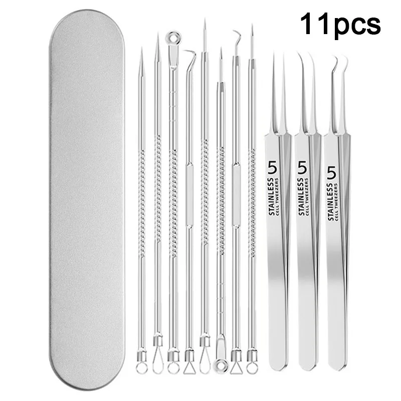 1/11 Stuks Acne Puistjes Comedondrukker Mee-eter Extractor Clip Ultrafijne Pincet Acne Naald Facial Cleaner Skin FCZ01
