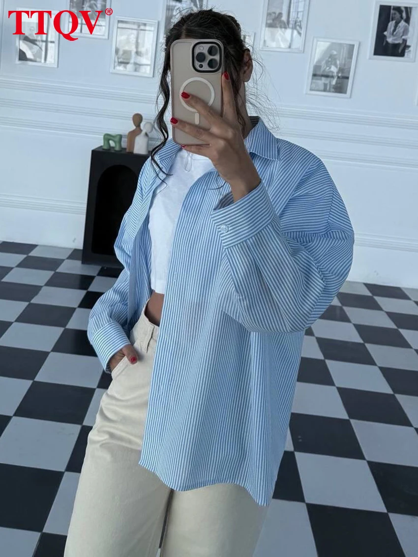 

TTQV Fashion Loose Blue Stripe Women's Blouse 2026 Casual Lapel Long Sleeve Shirt Lady Elegant Classic Top Female Clothing