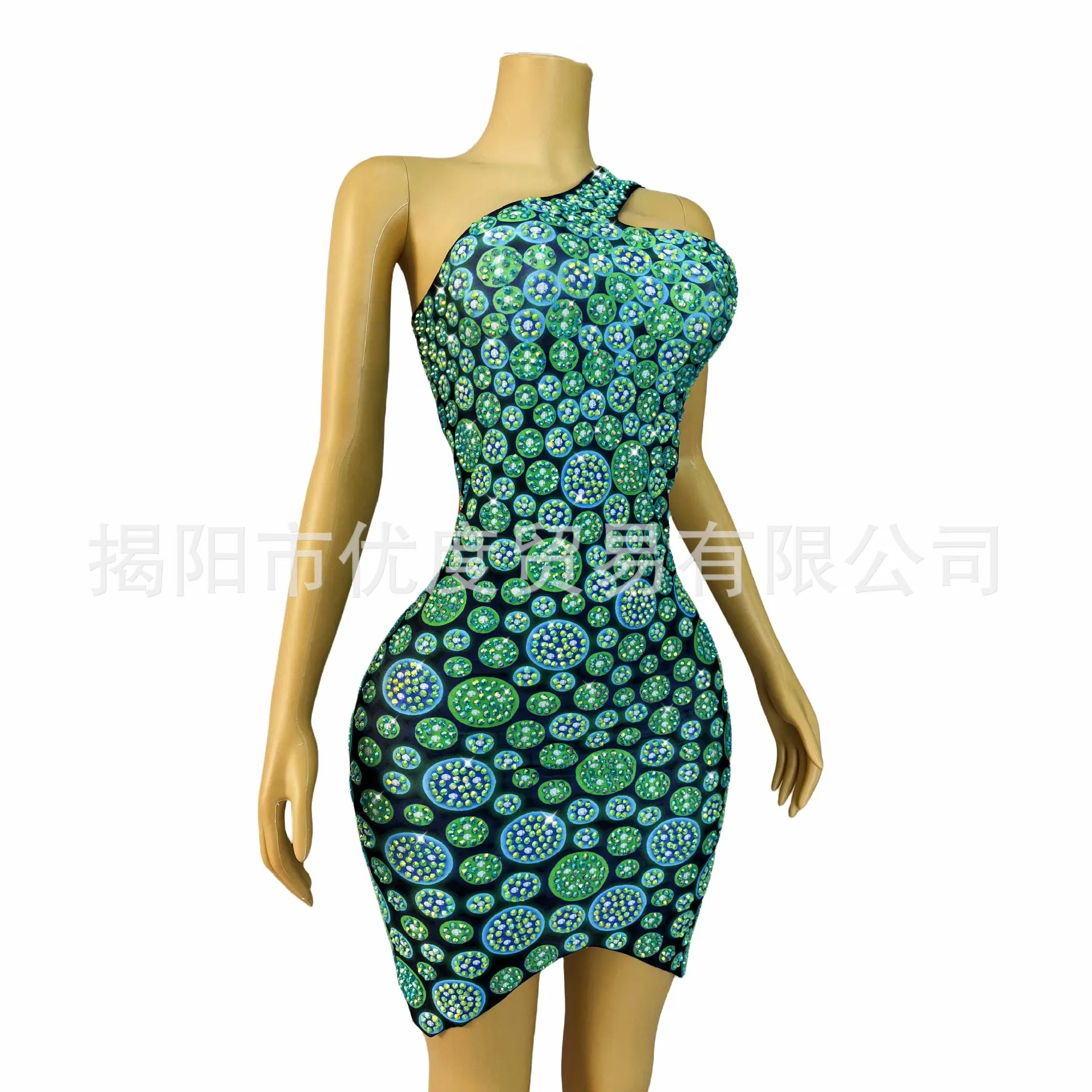 2026Design Sense Niche Single Shoulder Heavy Industry Rhinestone Dress Cocktail Party Evening Dress Performance Short Skirt Blue