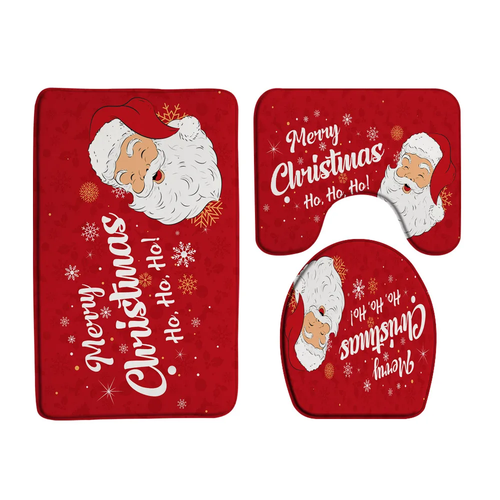 Santa Claus Reindeer Bath Mat Set Christmas Ornament Balls Winter Snowflake New Year Rug Bathroom Decor Carpet Toilet Lid Cover