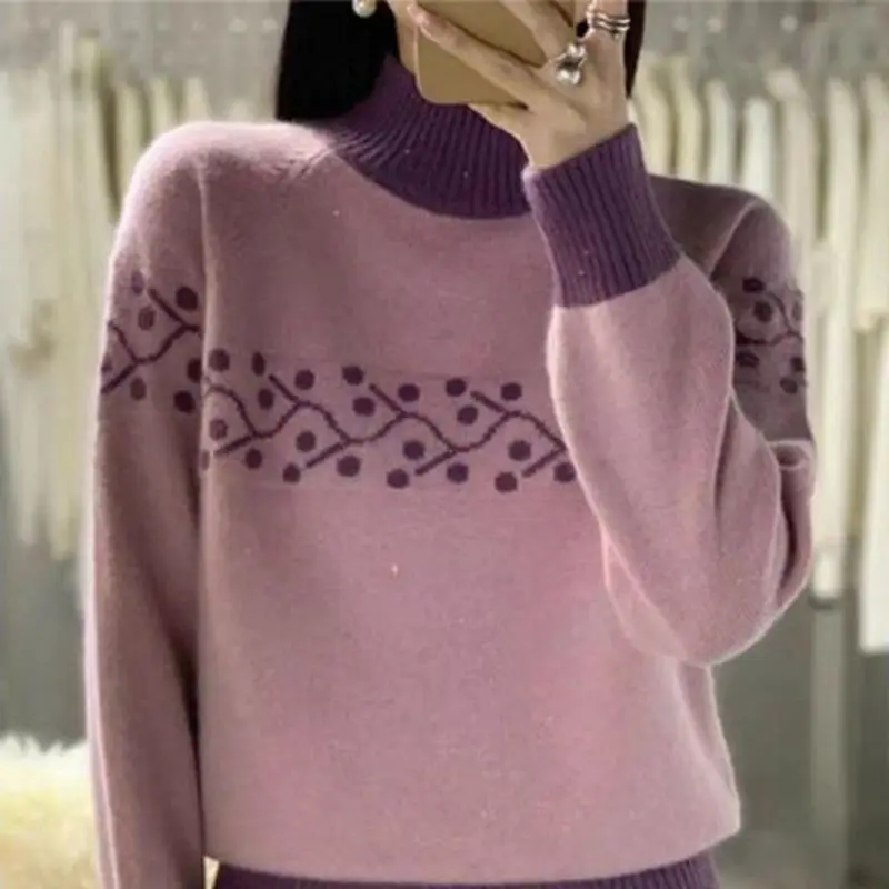

Contrast Color Turtleneck Thickened Sweater for Women New Loose Knitted Warm and Versatile Top