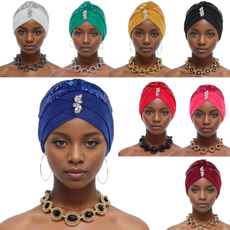 

Diamonds Auto Gele Headtie Already Made 2024 Sequins Aso Oke Sego Gele Headtie Women African Hats Turbans Bonnet Head Wrap Hijab