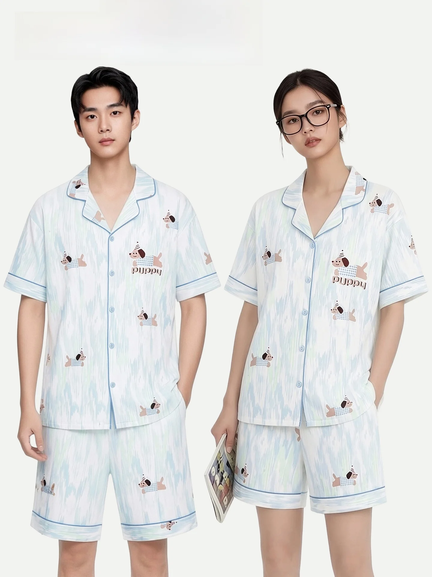 PinkBread Gradient Sausage Dog Couples Pajamas Pure Cotton Short Sleeve Women's Light Blue Summer Outdoor Wear Home Clothes