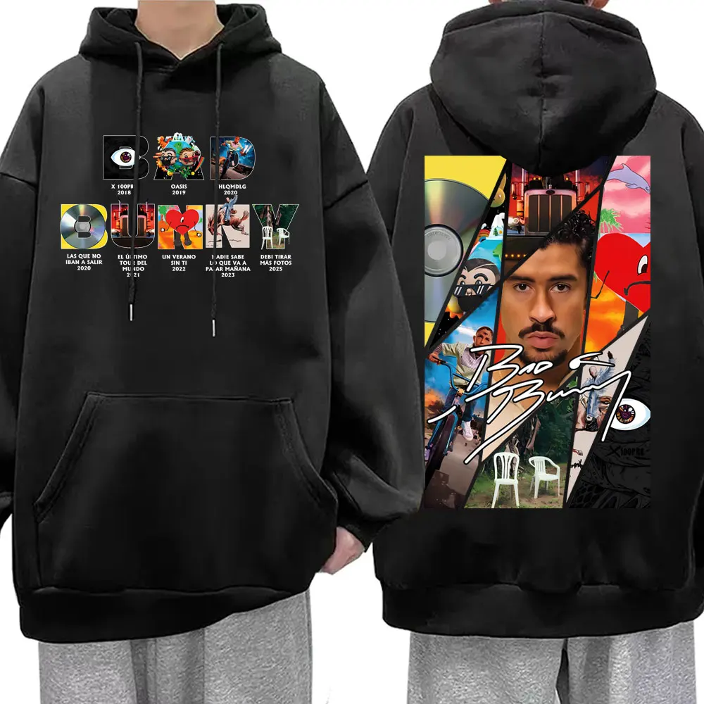 

Rapper Bad Bunny Music Album Double Sided Print Hoodie Man Hip Hop Oversized Hooded Tracksuit Men Women Fashion Trend Hoodies