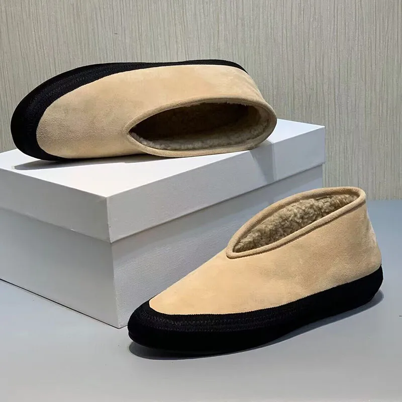 Round Toe Cow Suede Flat Thick Bottom Snow Boots Women Shallow Mouth Lazy Loafers Winter Real Wool Lining Ankle Botas Mujer view 2