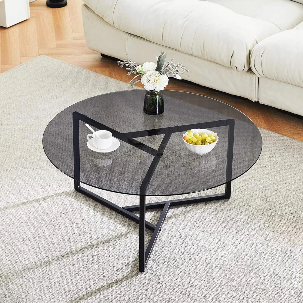 

Round Tempered Glass Coffee Table, Modern Home Accent Table with Metal Frame, Minimalist Style Center Table for Living Room, Be