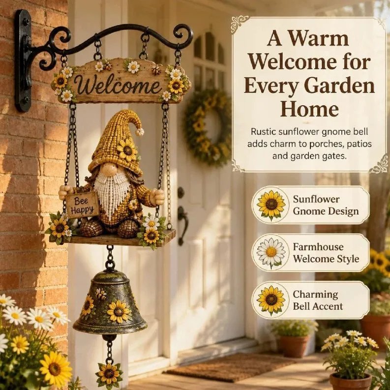 Metal Rustic Garden Gnome Bell Decorative Hanging Bell for Farmhouse Welcome Sign Ornament for Porches Patios and Garden Gates