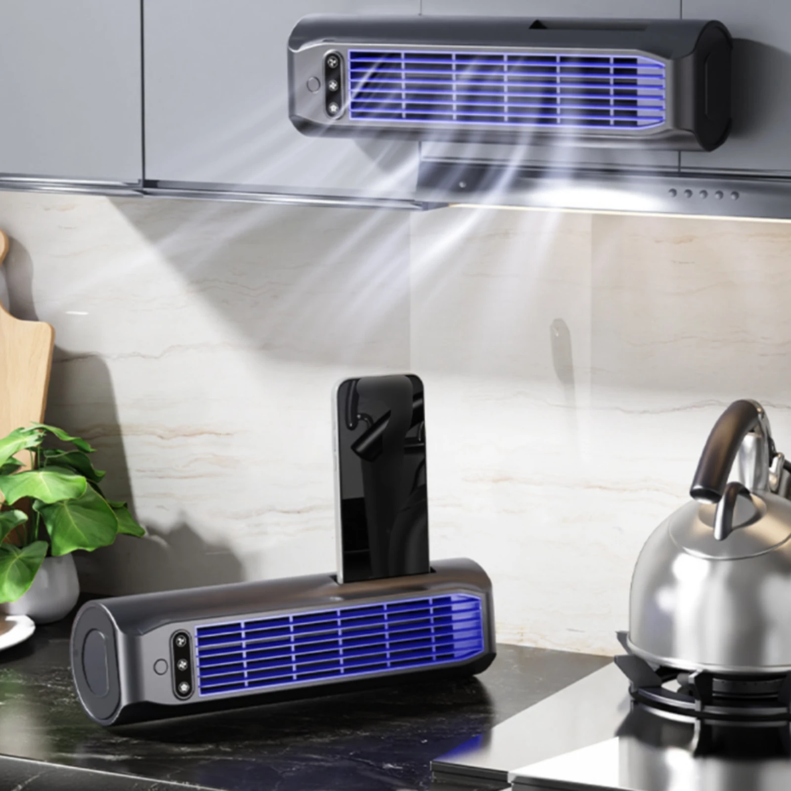 Ventilador de Mesa Retangular Alto com Suporte para Celular, Eletrodoméstico com Bordas Arredondadas e Grelha Estreita