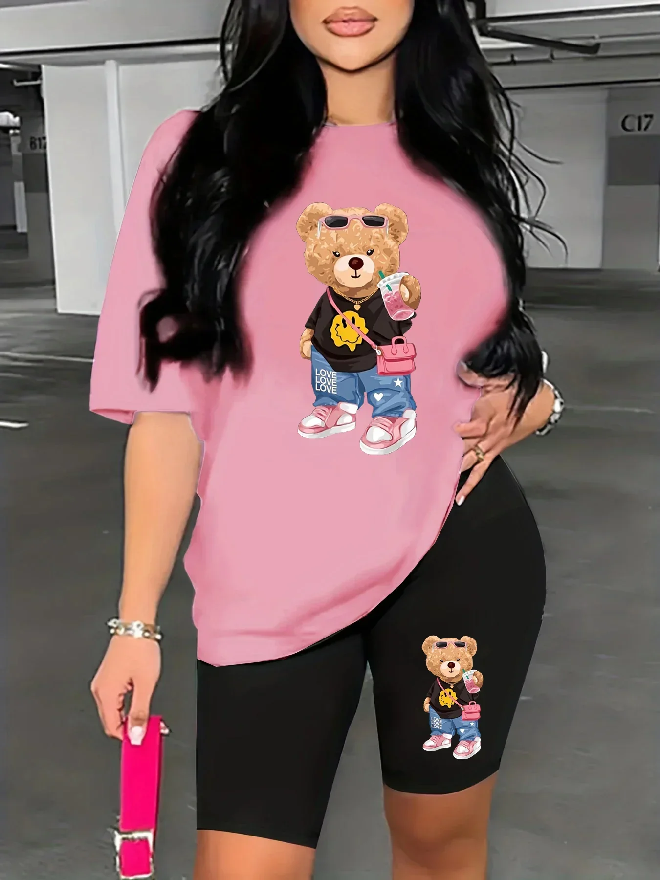 Summer Women's Bear Cartoon Print Casual Loose Round Neck Short Sleeved T-shirt Shorts Two-piece Set image 2