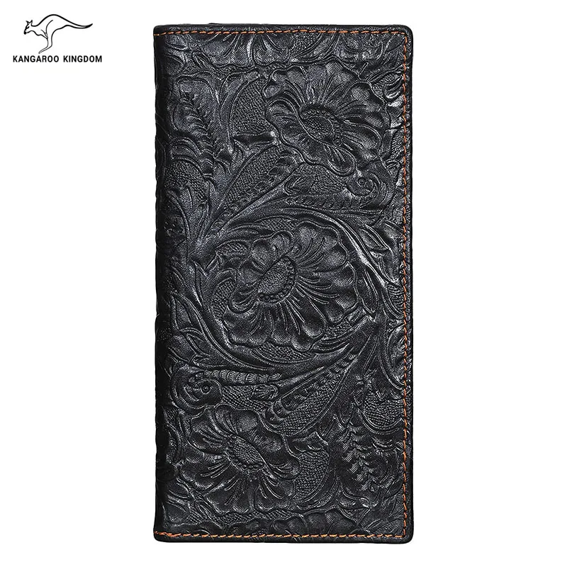 KANGAROO KINGDOM vintage men wallet long slim bifold credit card holder purse genuine leather 3D printed