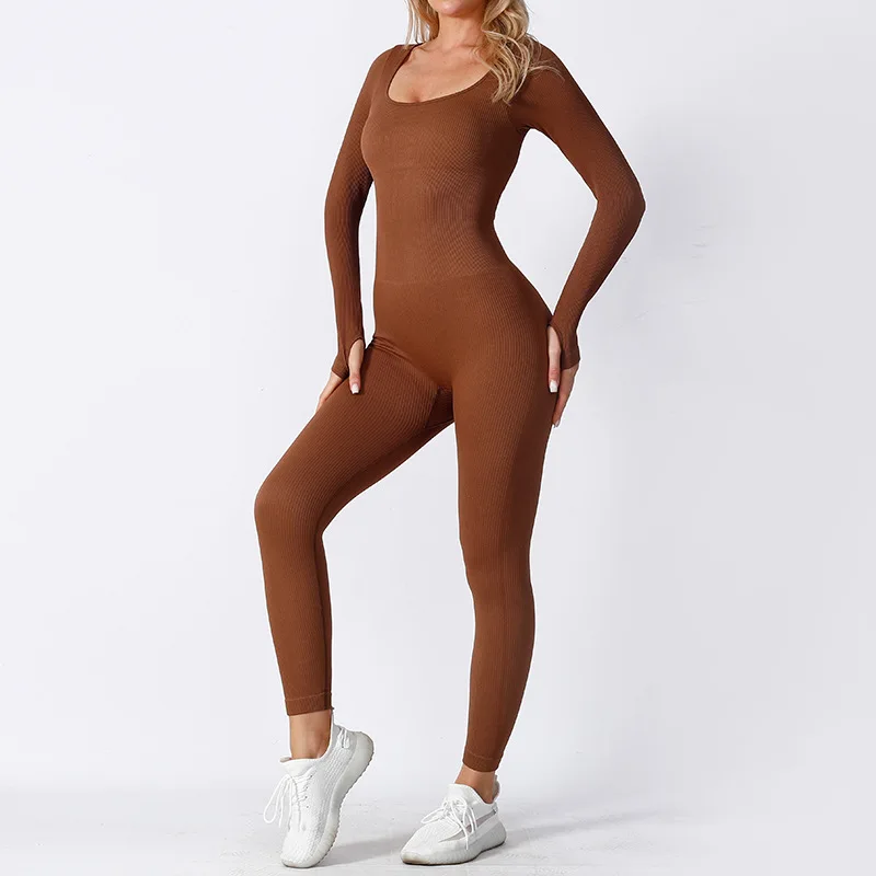

Jumpsuit Romper Work Out Sport Yoga Playsuits Women Skinny Jumpsuit Solid Color Ribbed Knit Long Sleeve Square Neck Bodycon