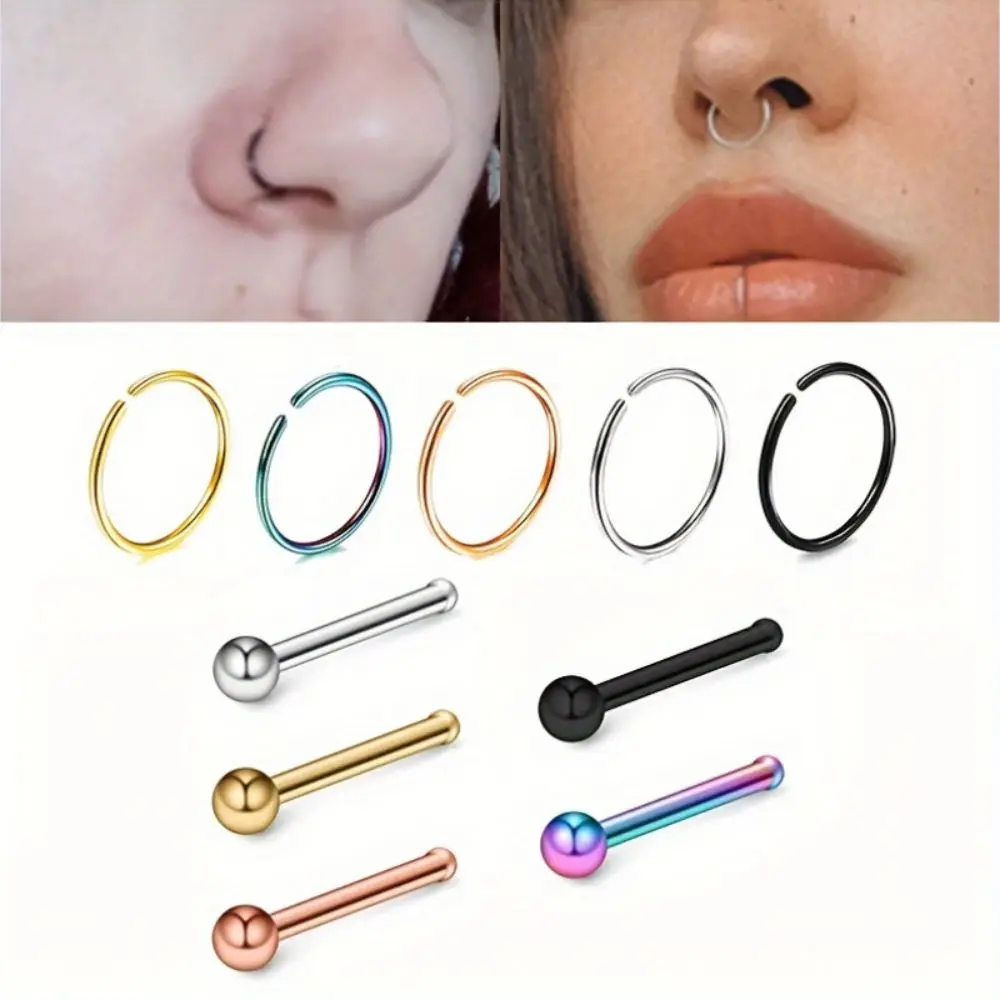 Conjunto de Jóias Piercing em Aço Inoxidável, Anéis Nariz Unisex, Lábio e Barbell Studs, Estilo Festa Punk, Diário, 5 PCs, 10 PCs