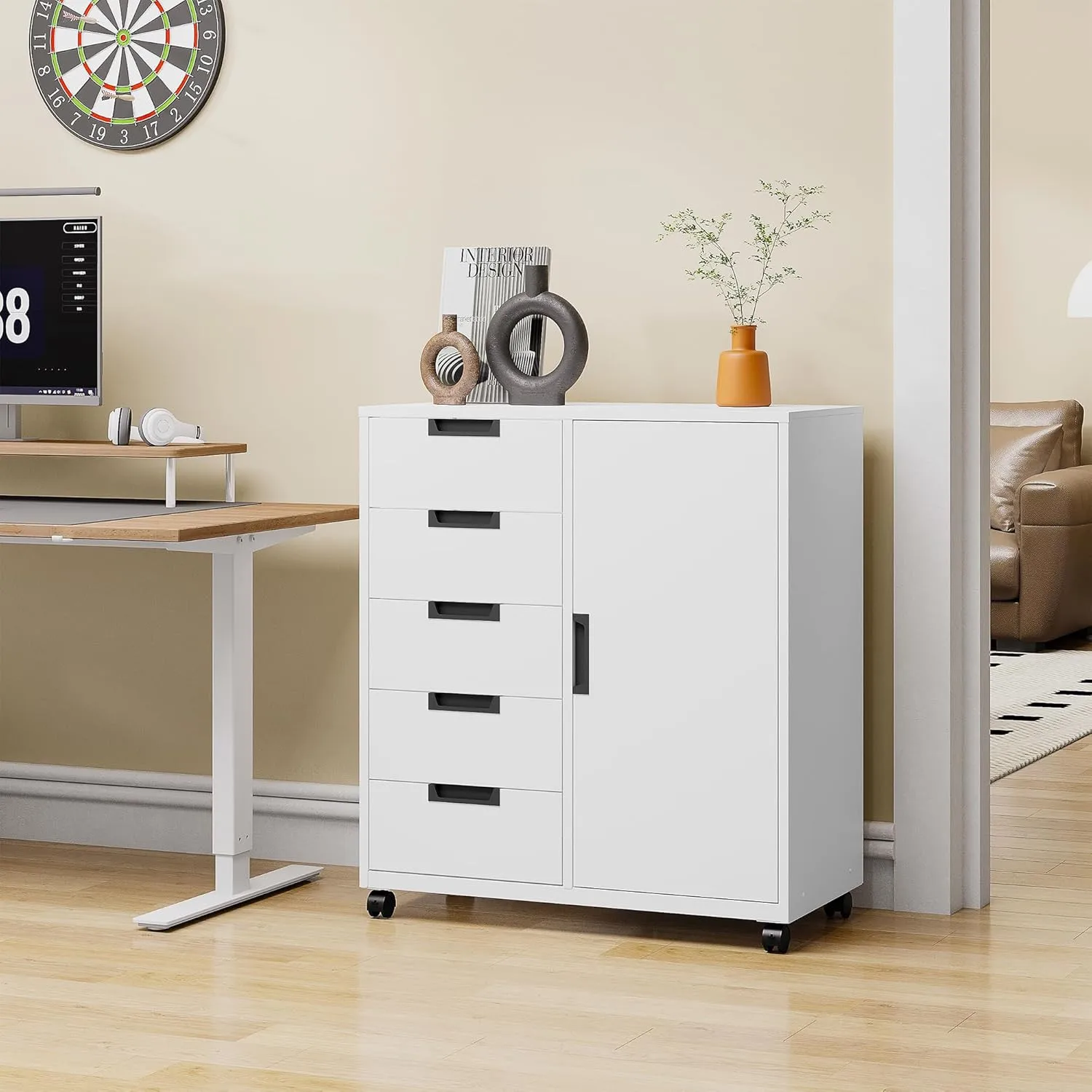 Office Storage Cabinet, 5 Drawer, Metal, Universal Wheels, Printer Stand, White