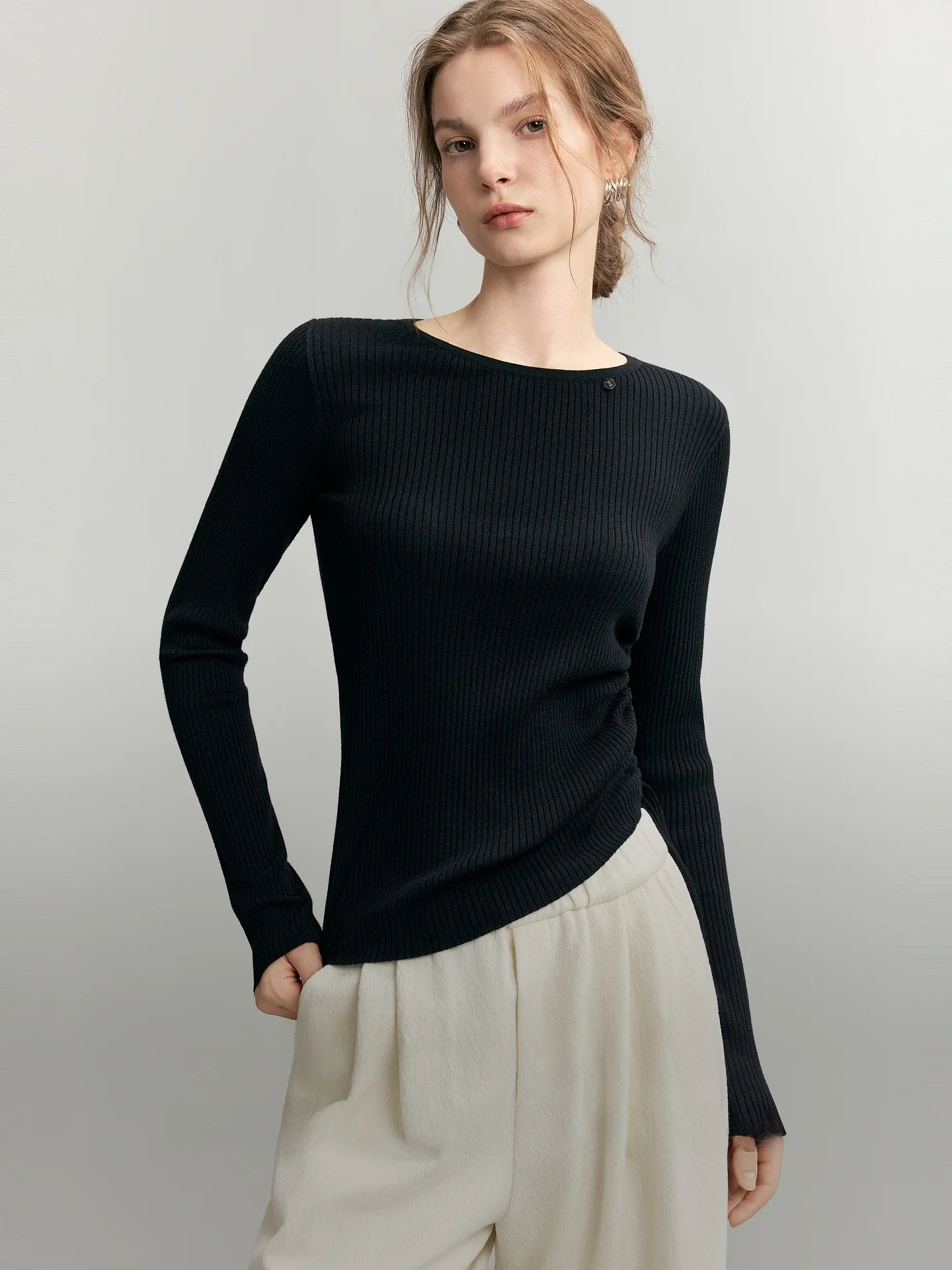 Black Cashmere Knitted Sweater Women's Drawstring Faux Fur Inner Wear Base Shirt Top ELLE Autumn 2026 New Arrival Premium Fee...