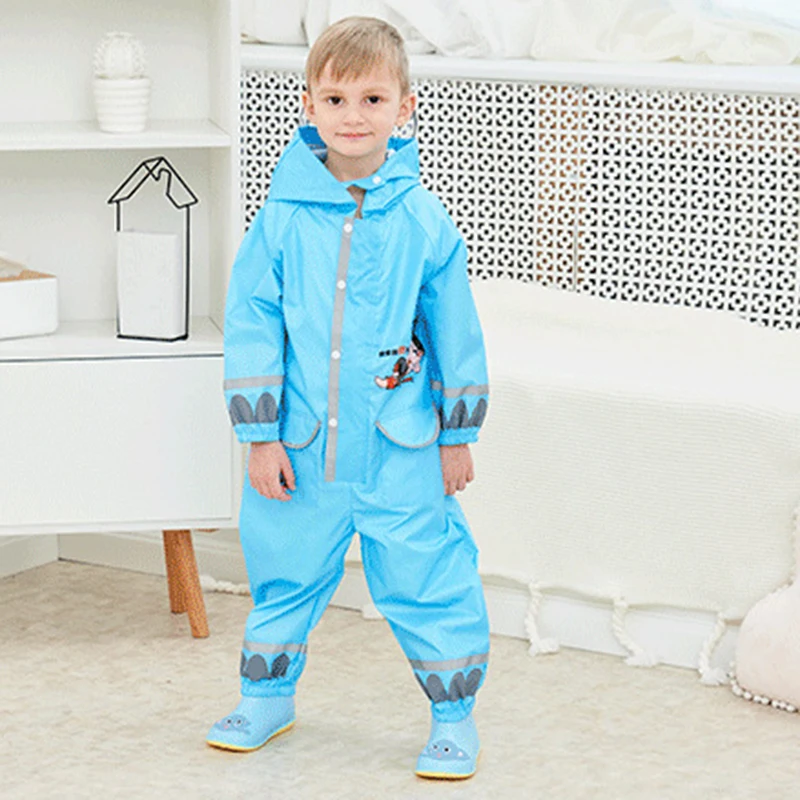 Children Raincoat Cartoon For Kids One Piece Rain Suit With Zipper & Buckle Closure Unisex Adjustable Waist Elastic Cuff