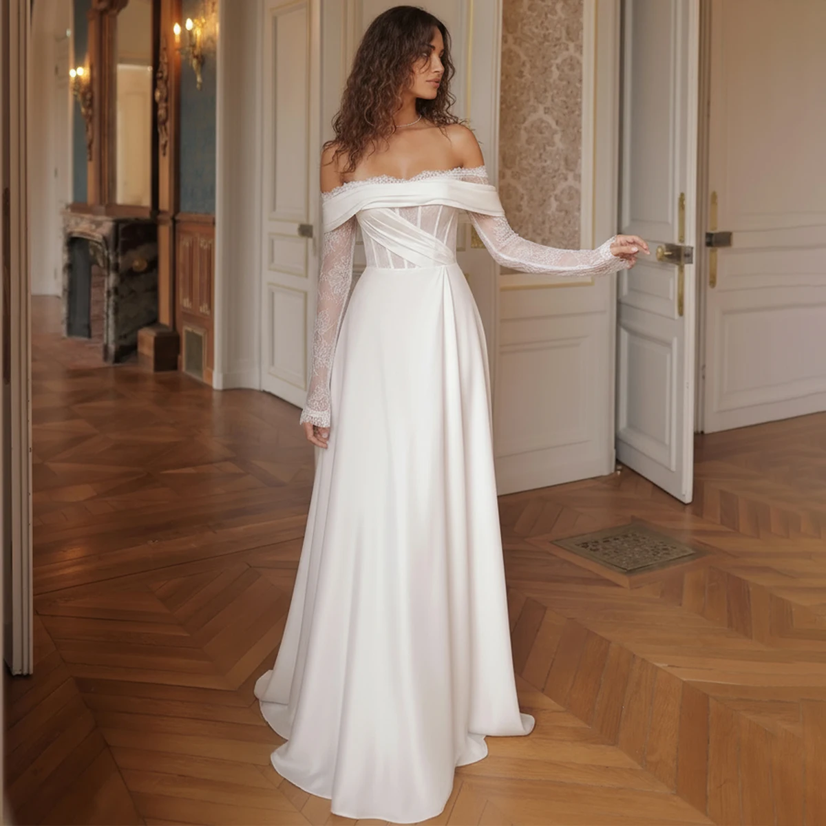 

Simple Lace Off Shoulder Wedding Dresses For Bride Satin Bridal Party Gown For Women Long Sleeve Ball Gown Vestidos Novia