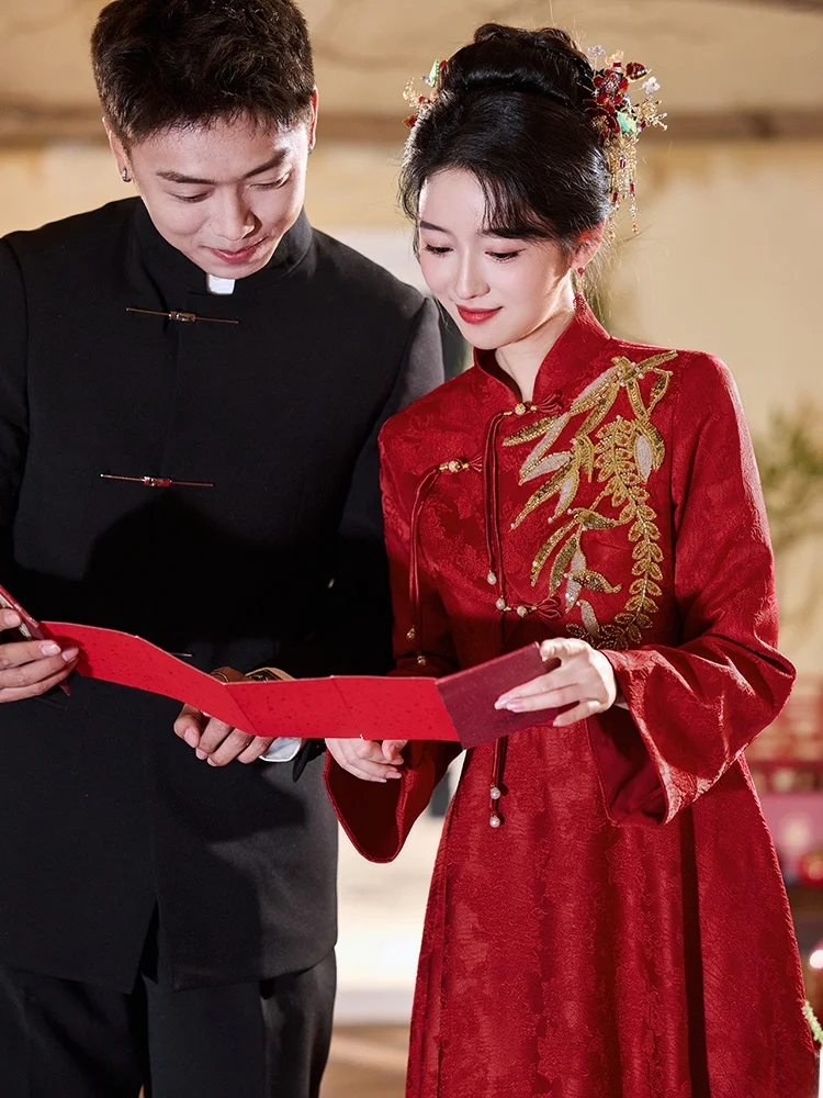 

New Chinese Sle Wedding Dr Set for Pregnant Brides High Waist A-Line Skirt Long Sve Knee-Length Dr Perfect for Wed...