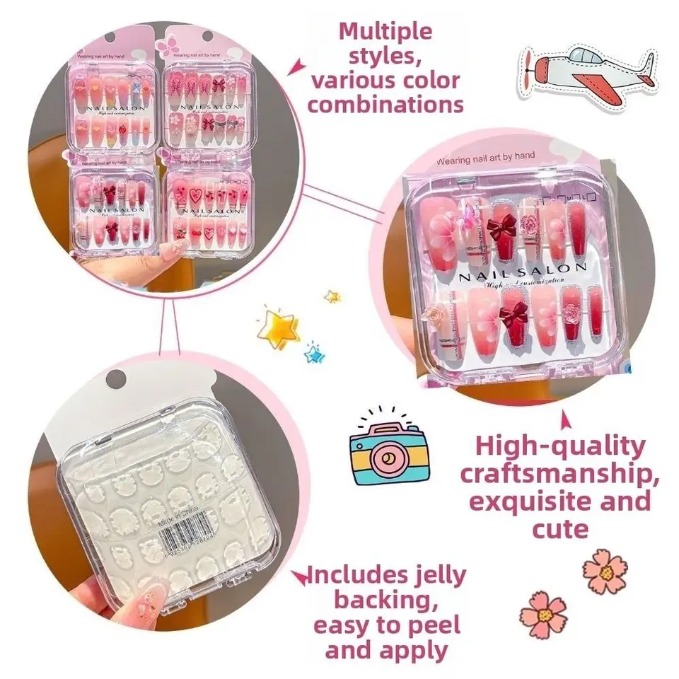 Uñas postizas infantiles de caricatura con diseño de cerezas y corazones, 18 estilos, adhesivas, para niñas y estudiantes 6