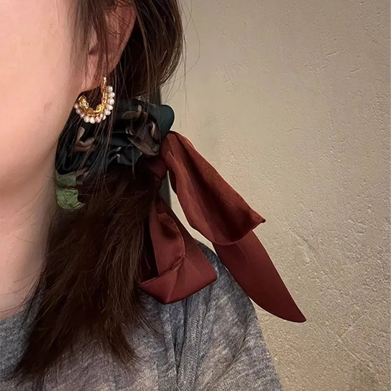 Premium Exquisite Retro Printed Ribbon Personalized Headband Fashionable Drawstring Tied Ponytail Bow Hair Accessories Wholesale
