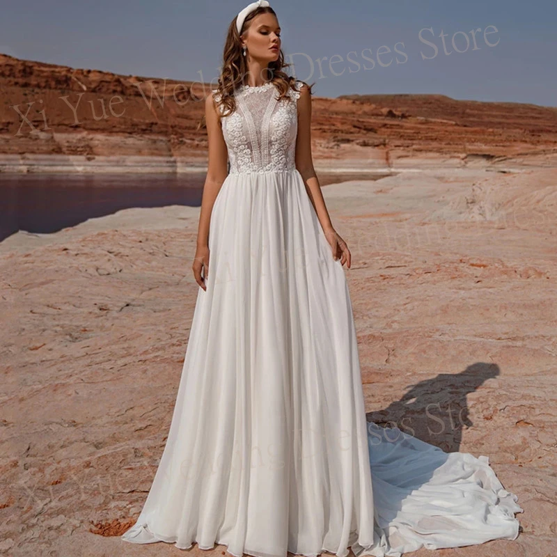 2025 boho elegante o-pescoço vestidos de casamento uma linha rendas apliques sem mangas vestidos de noiva ilusão praia personalizado vestido de noiva