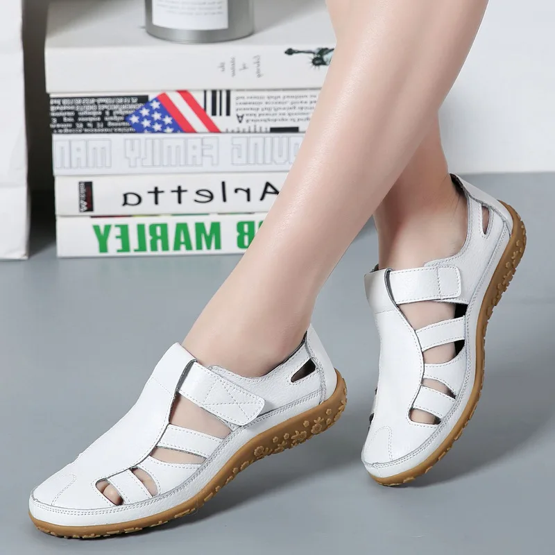 Summer Women Sandals Split Leather Shoes Woman Hollow Out Flat Sandals Ladies Casual Comfortable Soft Bottom Female Beach Sandal