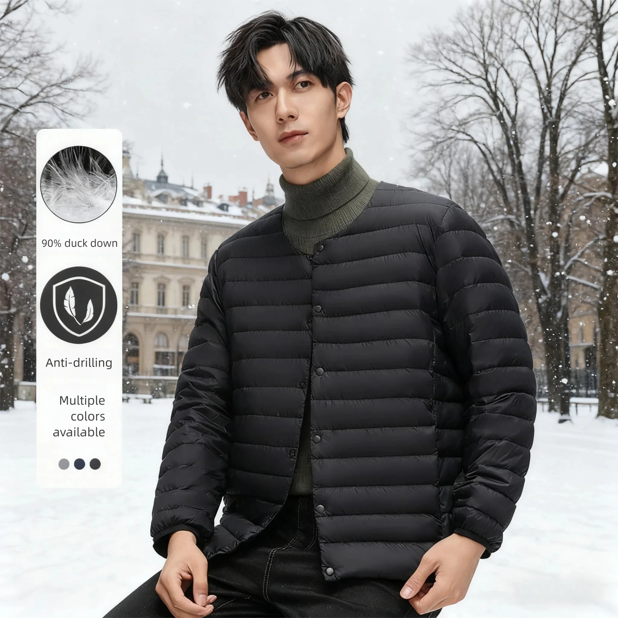 سترة رجالية خفيفة للغاية - تصميم بدون ياقة لسترة حرارية (مقاس كبير وطويل) #1