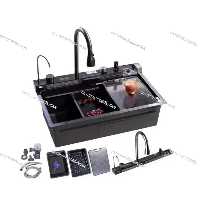 

100x50cm Stainless Steel Waterfall Kitchen Sink With Knife Holder Digital Display Faucet Set Embossed Extra Large Single Slot