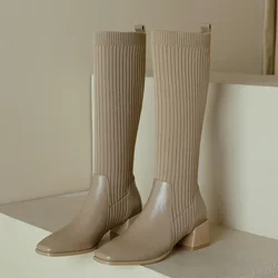 Autumn Winter Knitted Long Boots Women New Knee High Socks Shoes Women Fashion Slip on High Heels Retro Elastic