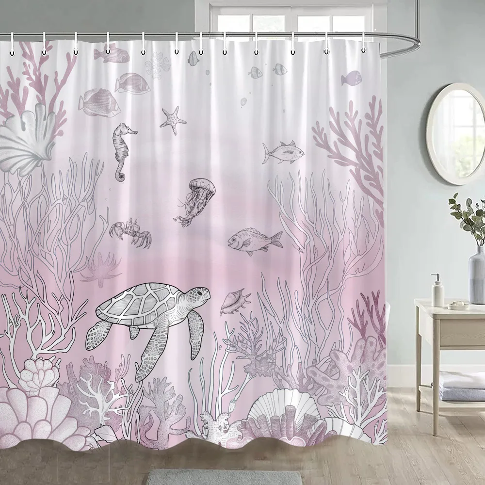 Pink Nautical Shower Curtain Sea Turtle Ocean Animal Coral Undersea Summer Modern Polyester Bath Curtain with Hook Home Decor