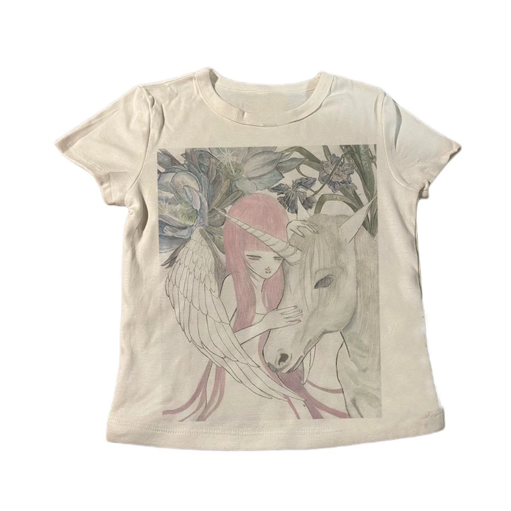 Traumhaftes Engel-Mädchen Einhorn Blumen-Skizzen-Print Damen Langarm-Oberteil Rundhals Slim Fairy Grunge Y2K Harajuku Ästhetisches Figurbetontes T-Shirt – Detail 6