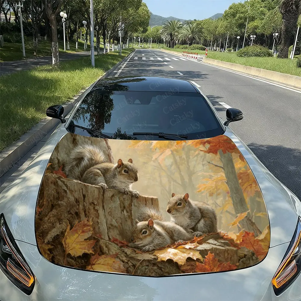 Three Little Squirrels Car Vinyl Wrap - Waterproof PVC Self-Adhesive Scratch-Resistant Sticker For Engine Cover