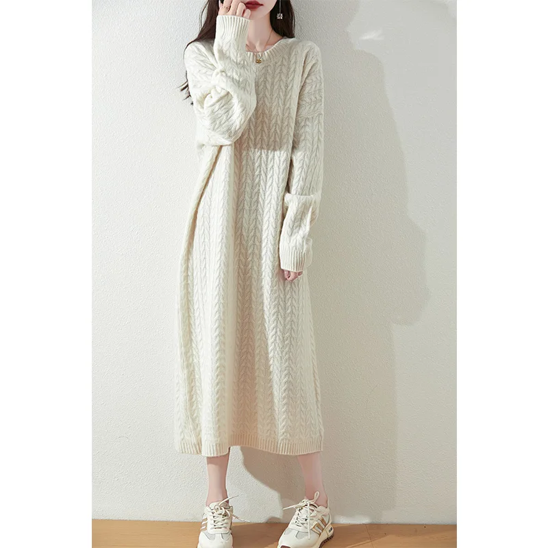 Women Loose Oversize Dresses 100% Wool Knitted Jumpers 2024 Autumn/Winter New Fashion Winter V-neck Long Dresses Female Pullover