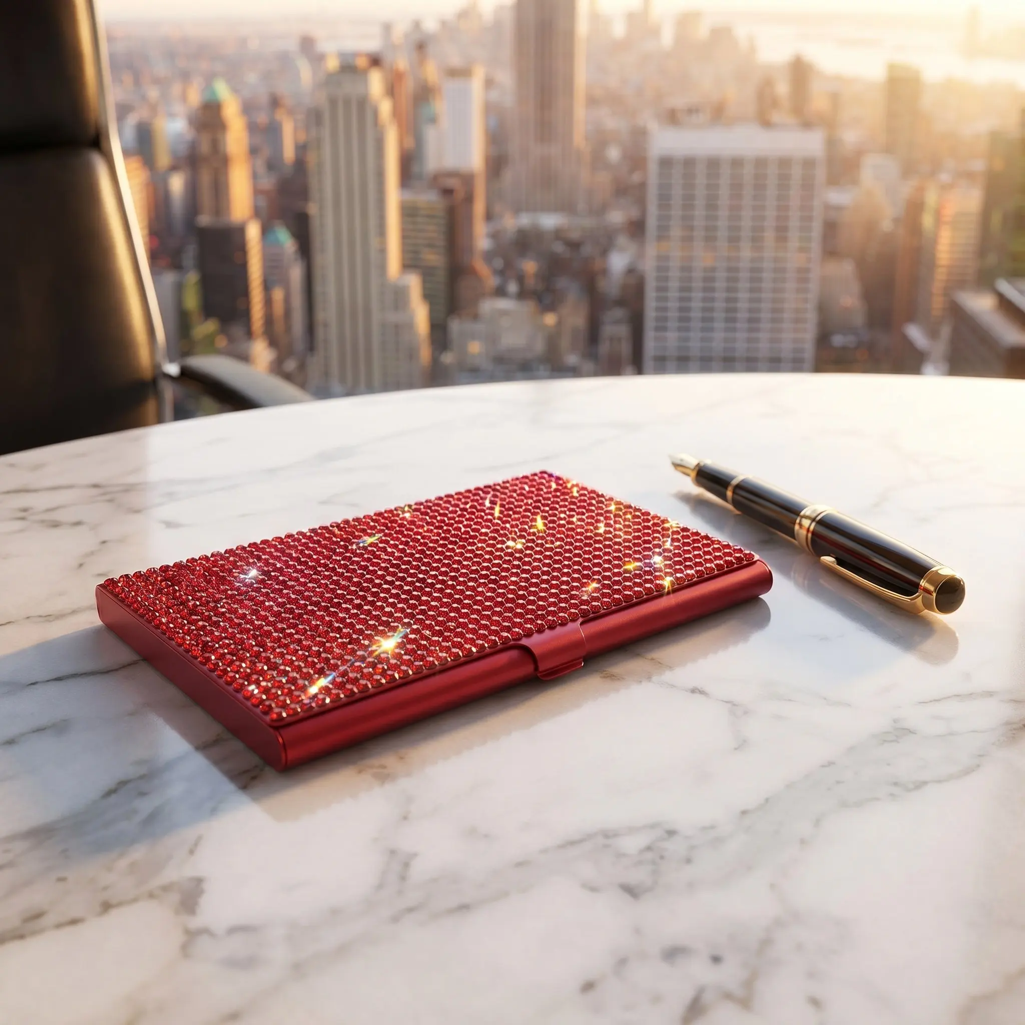 Bling Business Card Holder Red Metallic Rhinestone Slim Card Case for Women Office Business Events Bling Gifts for Women