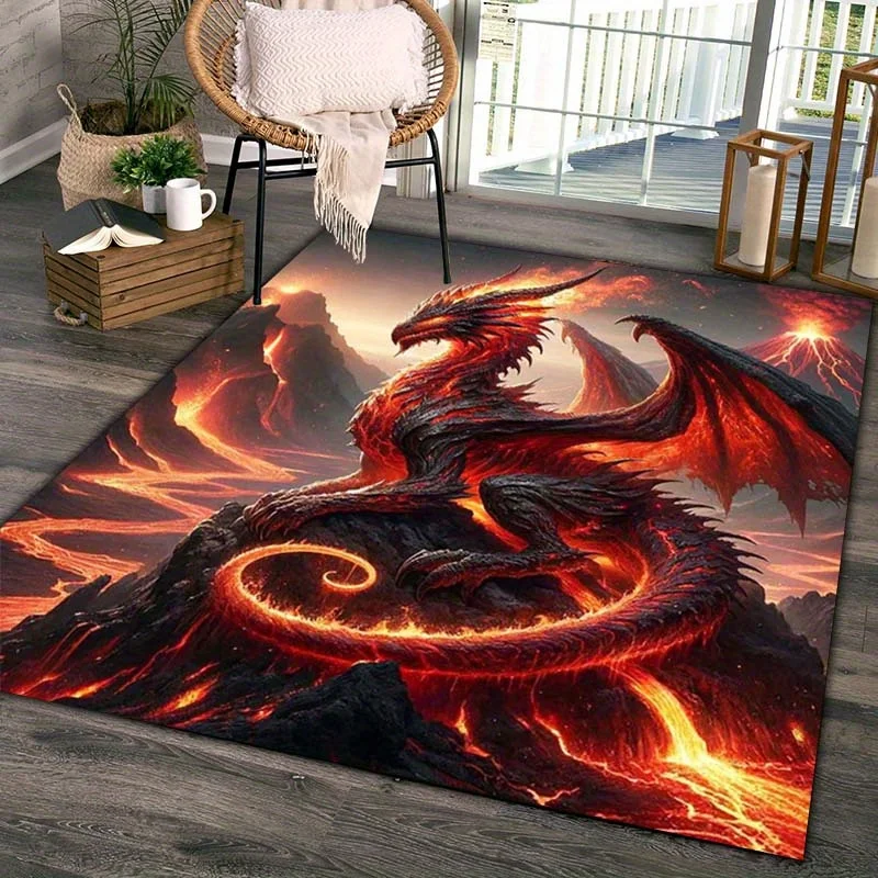 Red Dragon Volcano Area Rug - 800g/㎡ Non-Slip Crystal Velvet Washable Carpet for Bedroom, Living Room & Dragon Decor