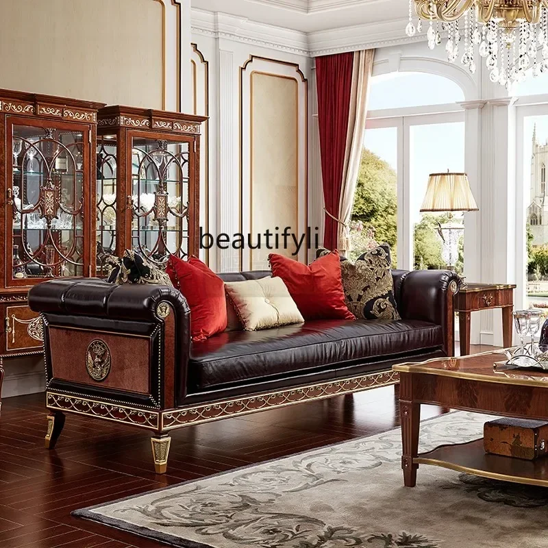 

Great discounts British first-layer leather sofa British engraved mahogany core wood inlaid copper sofa furniture