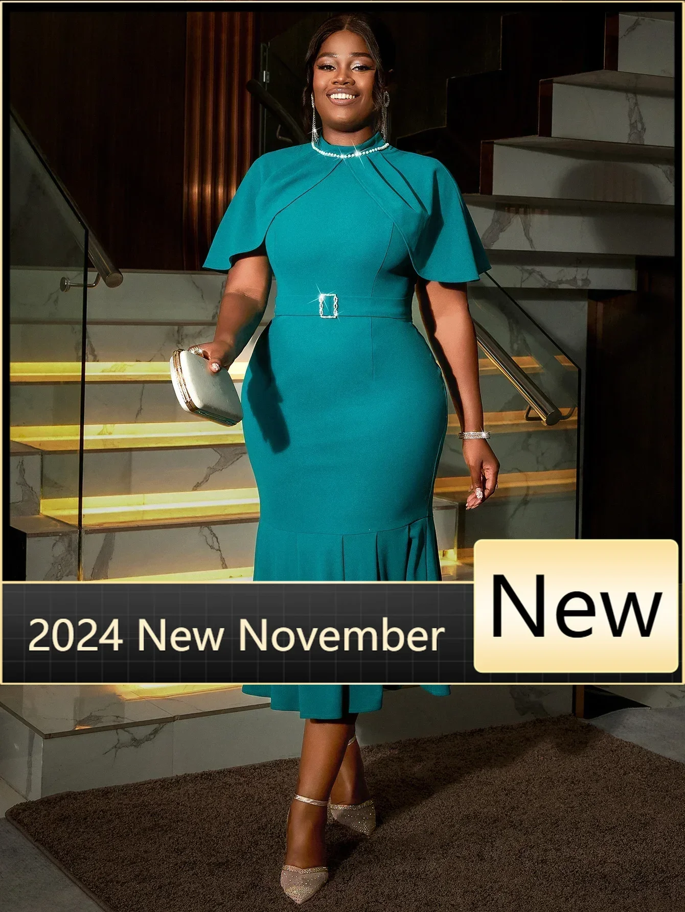 Women Classic Fashion Church Dress Beaded Mock Neck Cape Sleeve High Waist Slim Fit  Mermaid Hem Formal Celebrate Event Gowns