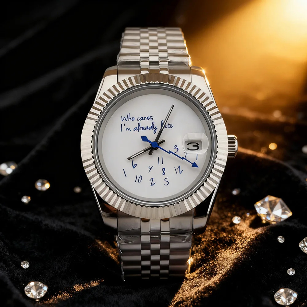 NH35 ساعة من يهتم أنا متأخر بالفعل ساعة 36 مللي متر/39 مللي متر بدون شعار نص أزرق ماتي الهاتفي الياقوت والكريستال والزجاج الحركة التلقائية #1
