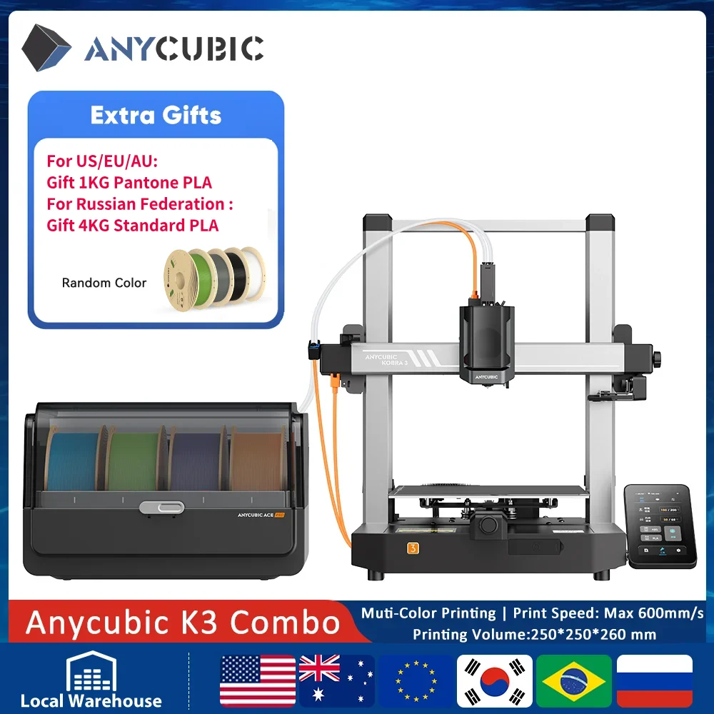 

Комбинированная многоцветная печать ANYCUBIC K3 FDM в 4–8 цветных 3D-принтере с максимальной скоростью печати 600 мм/с. Размер 250 мм x 250 мм x 260 м.