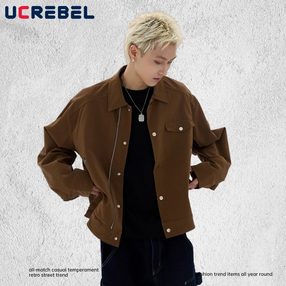 

Zipper Pocket Cargo Jacket Mens Solid Color Autumn High Street Lapel Long Sleeve Lapel Loose Outerwear Man