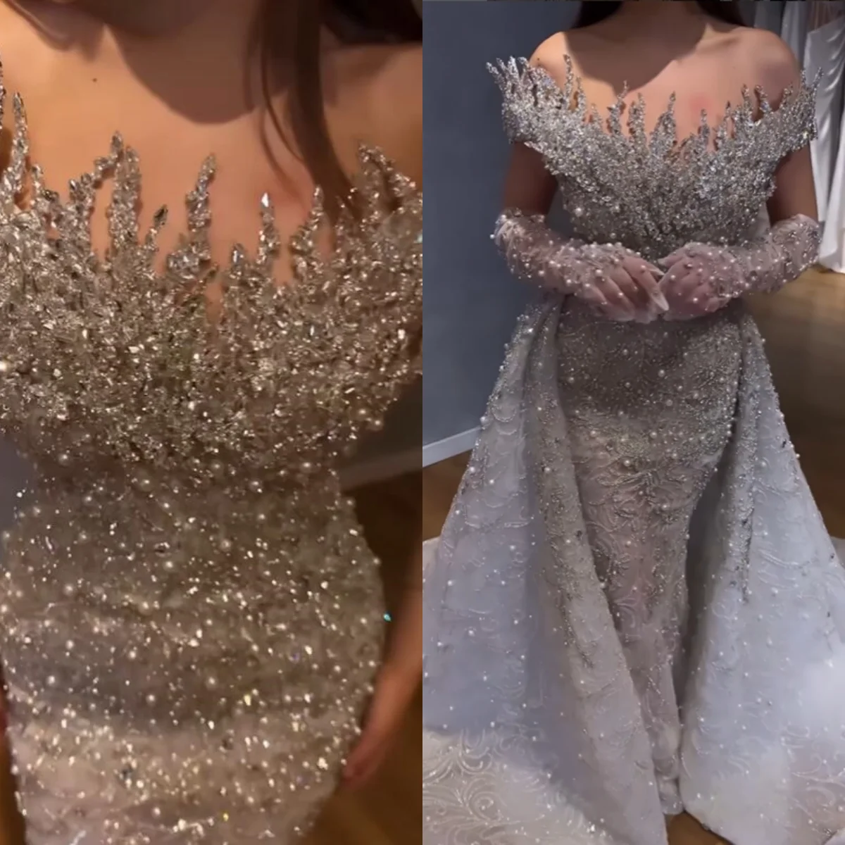 2in1 Mermaid Luxury Women Wedding Dress With Removable Train Pearls Bridal Gown Custom Made Exquisite Beads  Bride Dresses