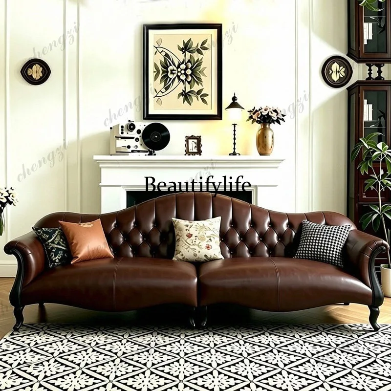 American leather sofa small apartment living room straight row French antique medieval style, retro high-end living room
