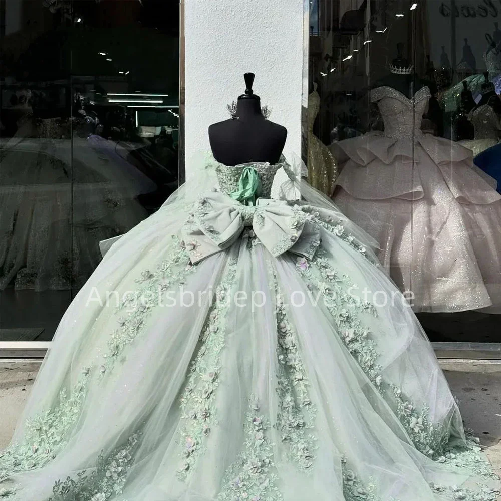 Angelsbridep Sage Green Mexican Ball Gown Quinceanera Dresses With 3D Lace Appliques Beading Bow Vestidos De XV Anos