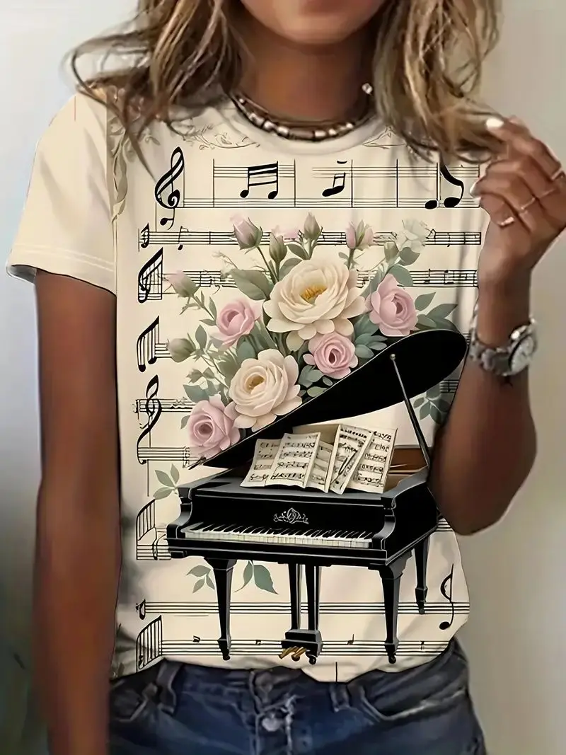 Ethnic Floral Musical Note 3D Print T-Shirts Women's O-Neck Short Sleeve T Shirt Harajuku Tees Y2k Tops Street Female Clothing