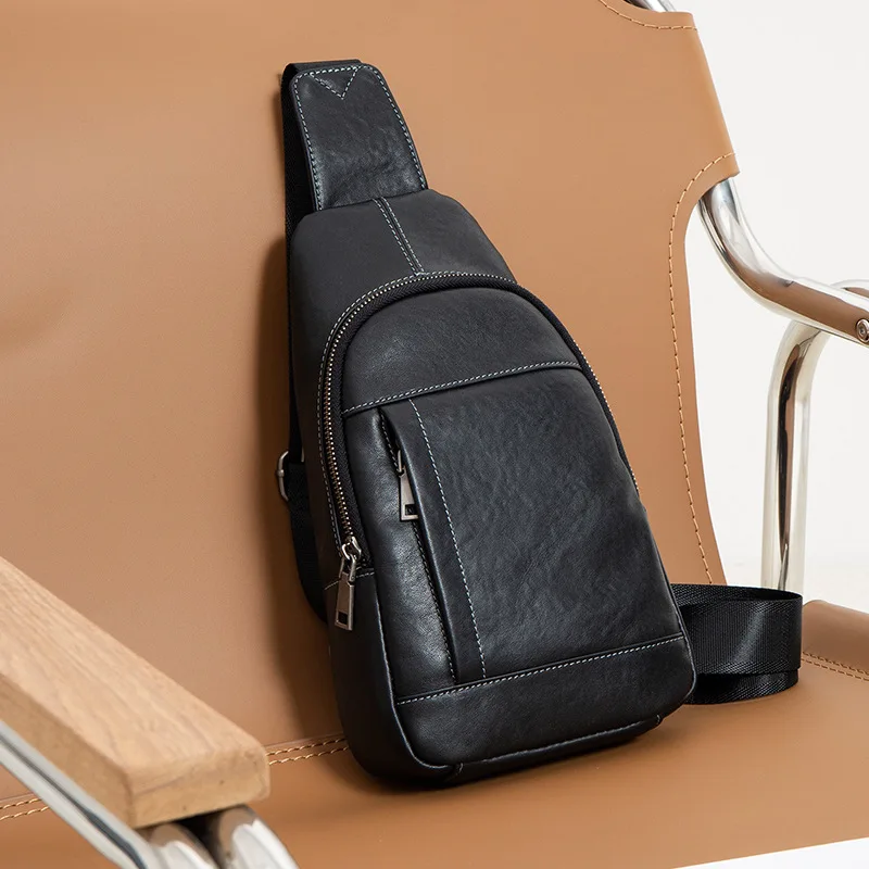 Simple men's genuine leather high-end chest bag with multiple compartments for travel and commuting, crossbody bag