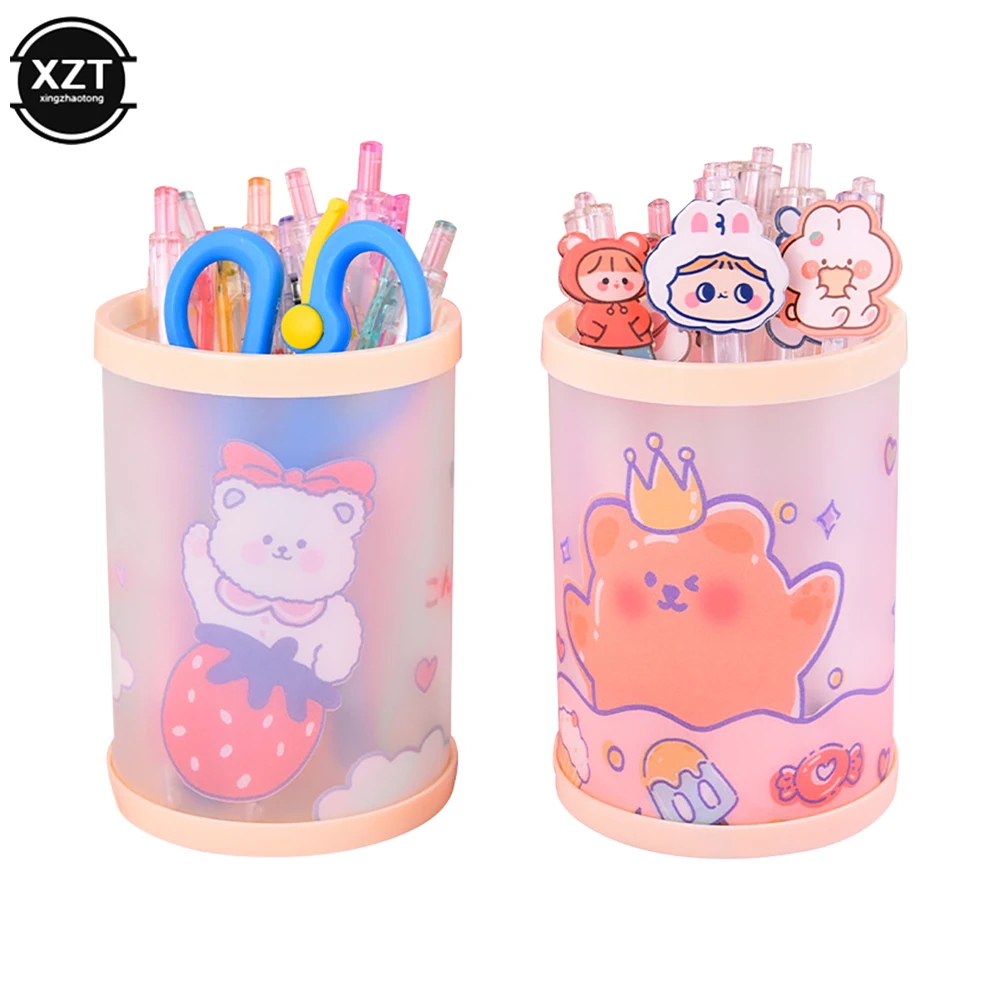 Lovely Transparent Acrylic Pen Holder Desktop Organizer BINS New Fashion Cute Bear Bunny Office Stationery Cosmetics Storage Box