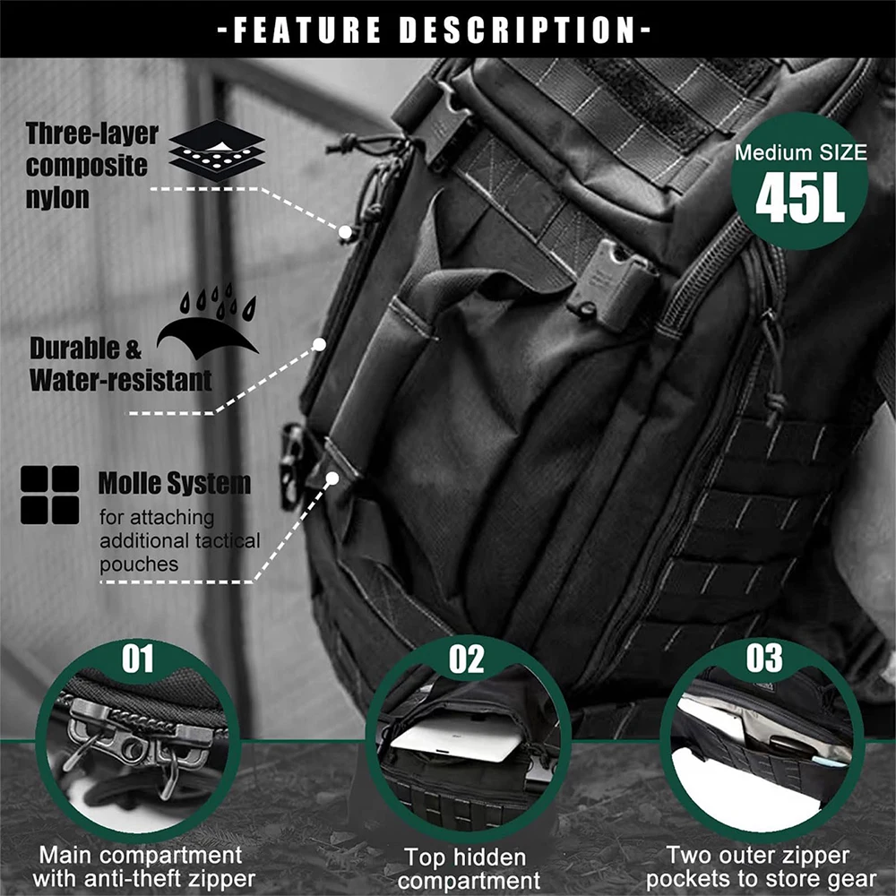 Travel Duffle Bag Backpack for Men - Large Tactical Bags Weekender Gym Bag for Overnight Traveling Workout , Black, 45L