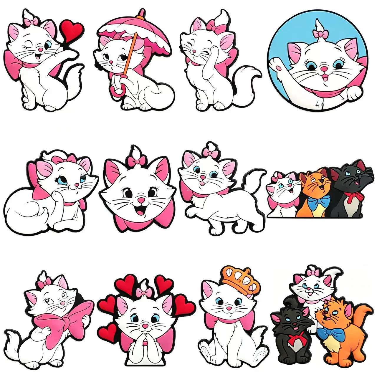 12pcs Classic Cartoon Cat Shoe Charms Cartoon Shoe Buckles DIY Decorations for Sandals & Beach Bags Fashion PVC Accessories